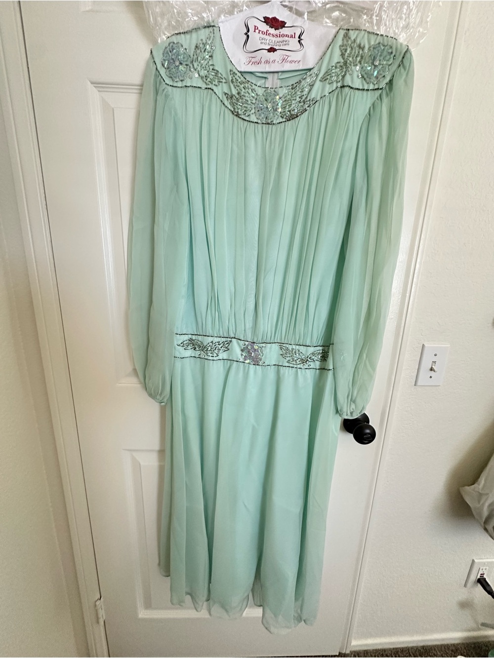 Rimini Light Mint Green Beaded Maxi Vintage Silk Dress Size 10